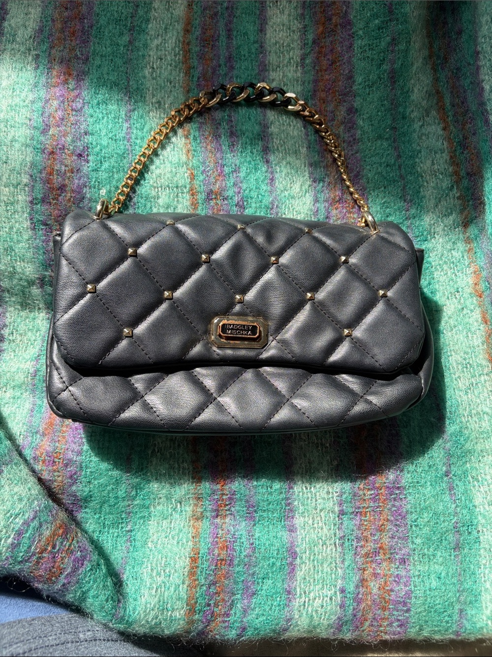 Maddie &amp; Moss Quilted Black Shoulder Bag with Gold Chain